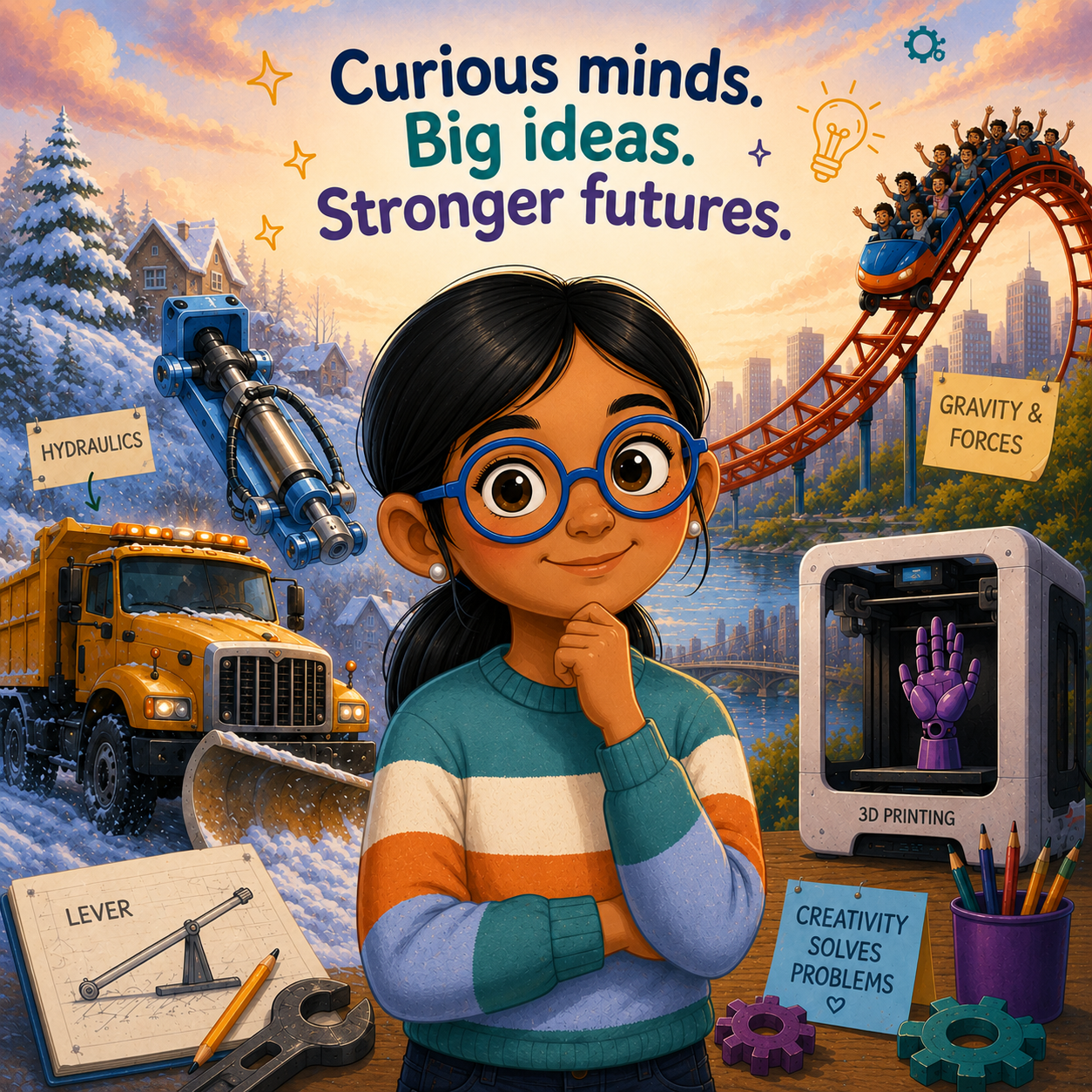 Megan, an 8-year-old with curly hair, holding a magnifying glass next to a yellow snowplow blade
